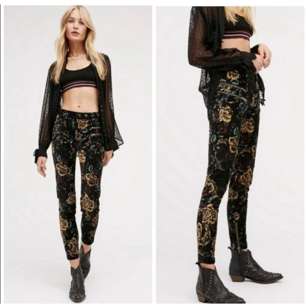 Free People Women's Lennon Floral Black Velvet Skinny Pants 6